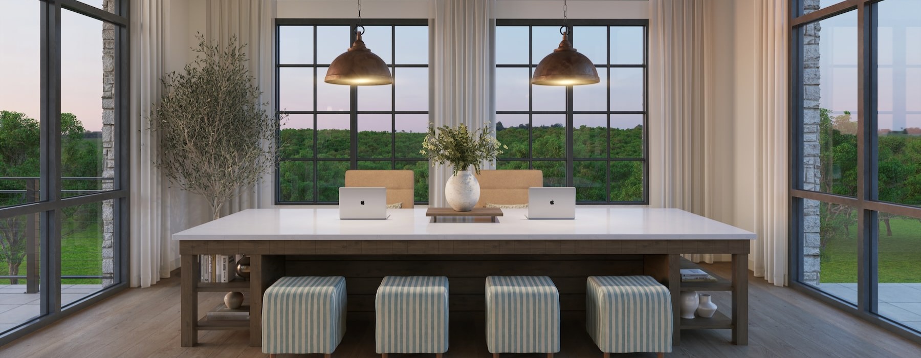 a clubroom with a large table and chairs