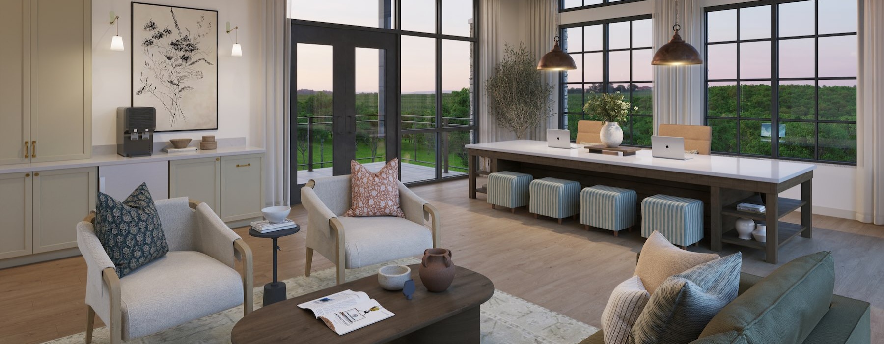 a clubroom with tables and chairs